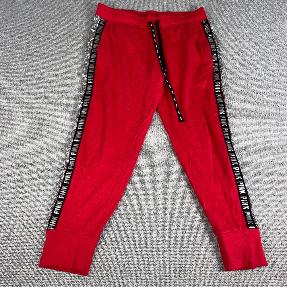 PINK Victoria's Secret Jogger Sweatpants Women Large Red Sequin Logo Side Stripe